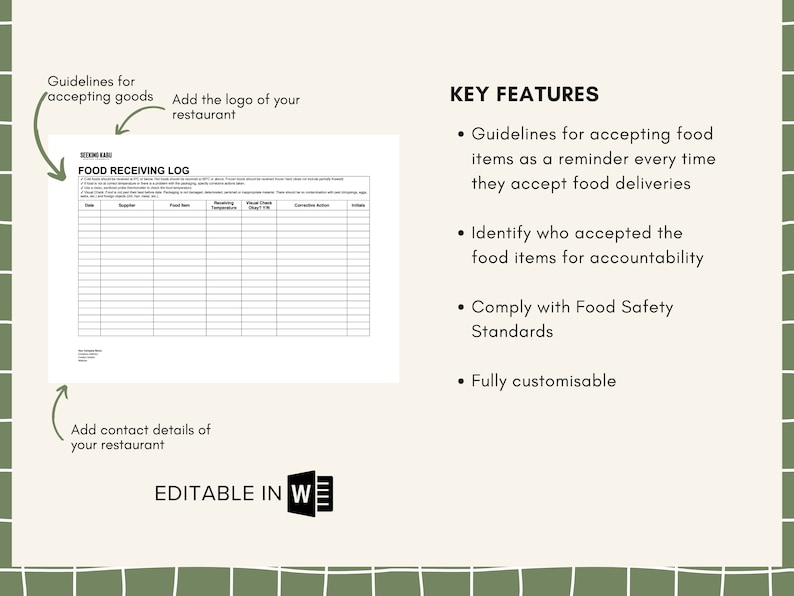 Restaurant Food Receiving Log, HACCP, Temperature Log, Food Safety