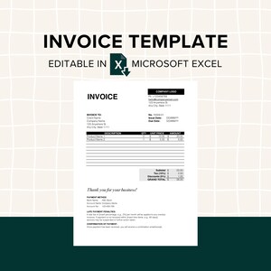 Könnte beinhalten: Eine schwarz-weiße Rechnungsvorlage für Microsoft Excel. Die Vorlage enthält Felder für das Firmenlogo, die Rechnungsnummer, das Rechnungsdatum, das Fälligkeitsdatum, den Kundennamen, den Firmennamen, die Adresse, die Stadt, das Bundesland, die Postleitzahl, die Beschreibung, die Menge, den Einzelpreis, den Betrag, die Zwischensumme, die Mehrwertsteuer, den Rabatt und die Gesamtsumme. Die Vorlage enthält auch einen Abschnitt für die Zahlungsmethode, die Mahngebühren und die Zahlungsbestätigung.