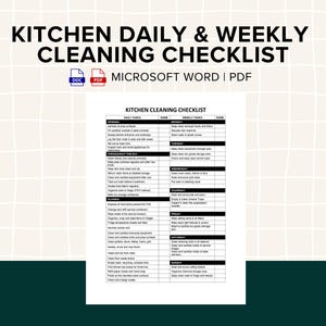 Könnte beinhalten: Eine schwarz-weiße Küchenreinigungs-Checkliste mit täglichen und wöchentlichen Aufgaben. Die Checkliste ist in tägliche, wöchentliche und "den ganzen Tag über" Abschnitte unterteilt. Verfügbar in Microsoft Word und PDF-Formaten.