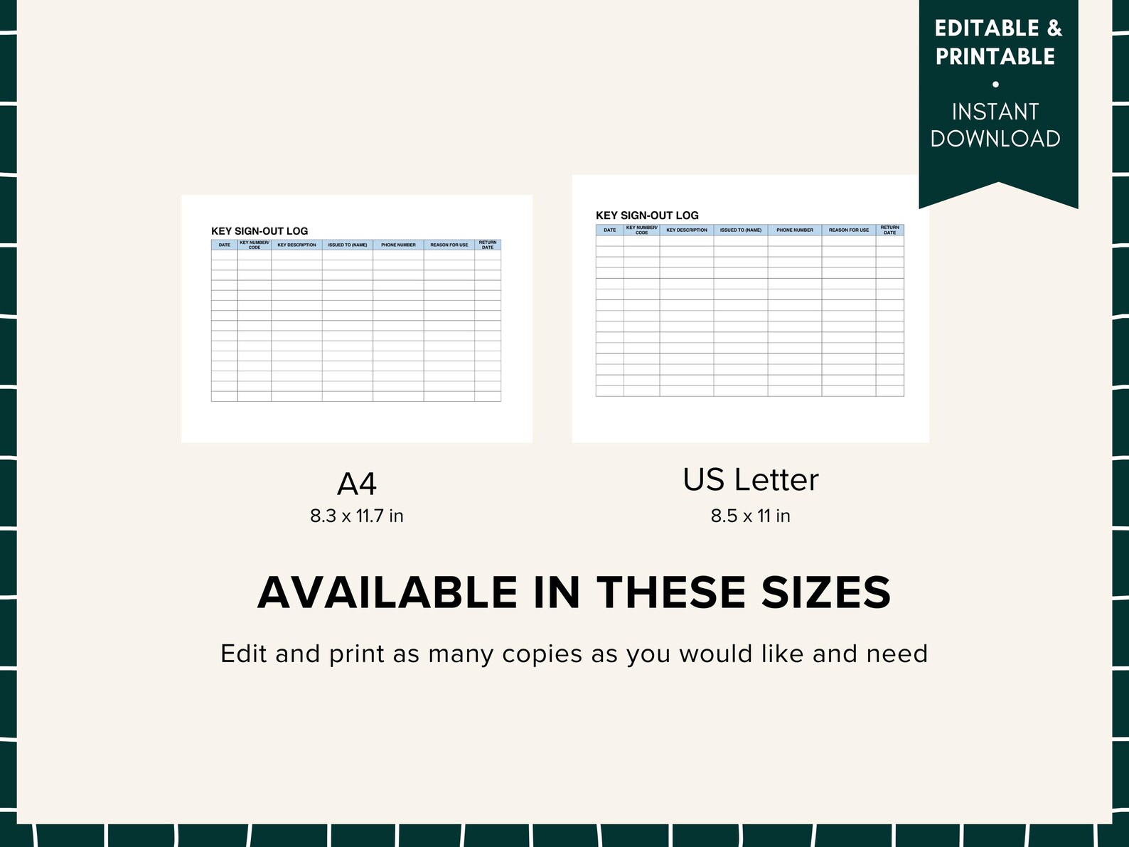 Key Sign-out Log Template, Editable Fillable PDF for Key Control ...