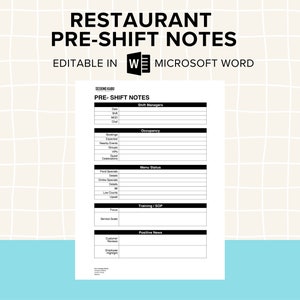 Restaurant Pre-Shift Notes; FOH and BOH; Chefs, Waiters; Cafe, Catering, Casual and Fine Dining