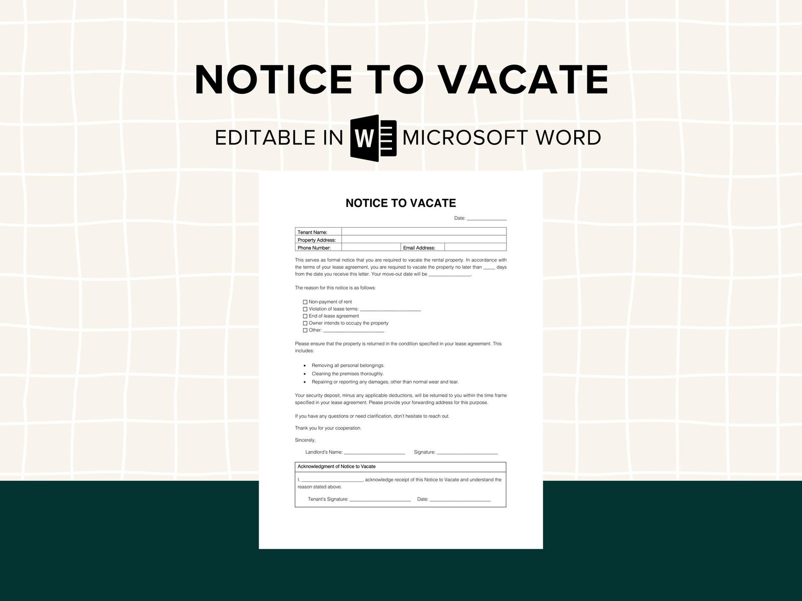 Notice to Vacate Template, Rental Property Eviction Notice, Tenant Move ...