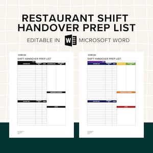 Kitchen Shift Handover Prep List, Notes fot Chefs, Restaurant and Cafe, Checklist, Templates