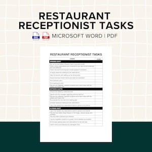 May include: Black and white checklist for restaurant receptionist tasks. The checklist is divided into three sections: Opening Shift, Between Shifts, and Closing Shift. Each section lists tasks to be completed, with a column for marking tasks as done.