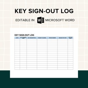 Könnte beinhalten: Eine druckbare Schlüssel-Ausleih-Log-Vorlage im Microsoft Word-Format. Die Vorlage enthält Spalten für Datum, Schlüsselnummer-Code, Schlüsselbeschreibung, ausgegeben an (Name), Telefonnummer, Grund für die Verwendung und Rückgabedatum.