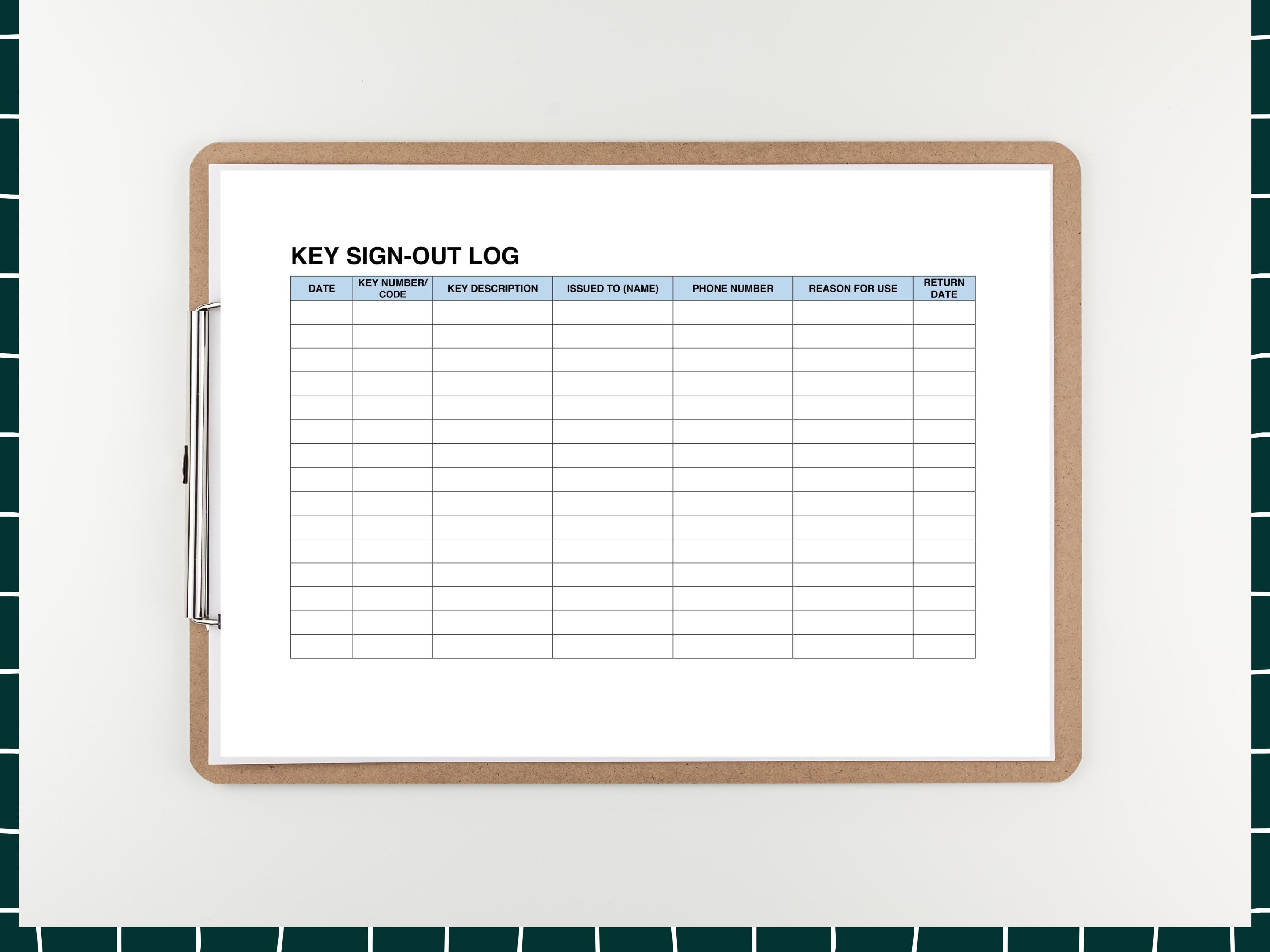 Key Sign-out Log Template, Editable Fillable PDF for Key Control ...