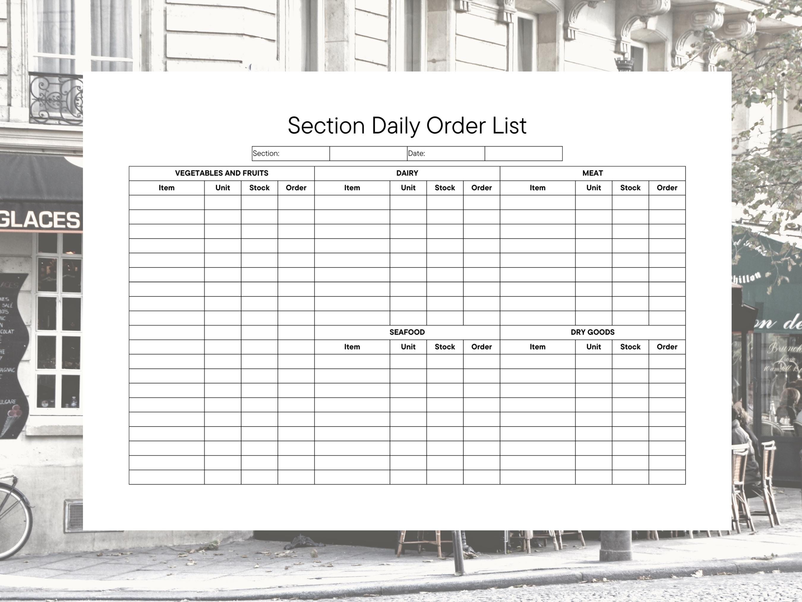 kitchen daily order list, order guide. restaurant and... Professional Kitchen Daily Order List, Order Guide, Restaurant, Cafe ...