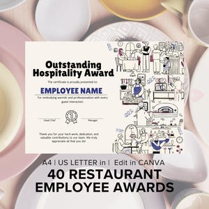 May include: A white certificate with a blue border and the text "Outstanding Hospitality Award". The certificate is decorated with a black and white illustration of a restaurant scene. The text "40 Restaurant Employee Awards" is printed in black at the bottom of the certificate.