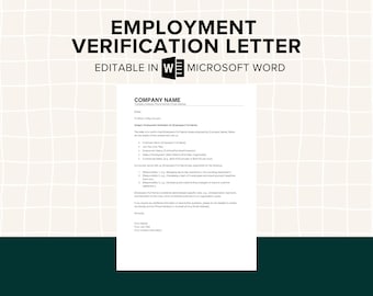 Puede incluir: Una plantilla de carta de verificación de empleo imprimible en blanco y negro para Microsoft Word. La plantilla incluye un nombre de empresa, dirección, número de teléfono y dirección de correo electrónico. La plantilla también incluye una sección para el nombre del empleado, el puesto de trabajo, las fechas de empleo y el salario. La plantilla es editable en Microsoft Word.