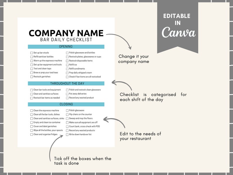 FOH Restaurant Daily Checklist, for Server, Manager and Bartender, for ...