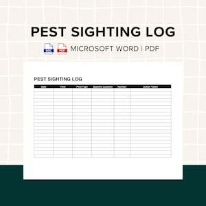Może przedstawiać: Czarno-biały, drukowalny dziennik obserwacji szkodników z kolumnami dla daty, godziny, rodzaju szkodnika, konkretnego miejsca, liczby i podjętych działań. Dziennik nosi tytuł "Dziennik obserwacji szkodników" i jest dostępny w formatach Microsoft Word i PDF.