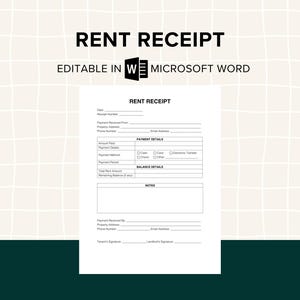 Landlord Rent Receipt Template, Printable Tenant Rental Receipt, Editable Rent Payment Receipt Form, Lease Receipt, MS Word, PDF