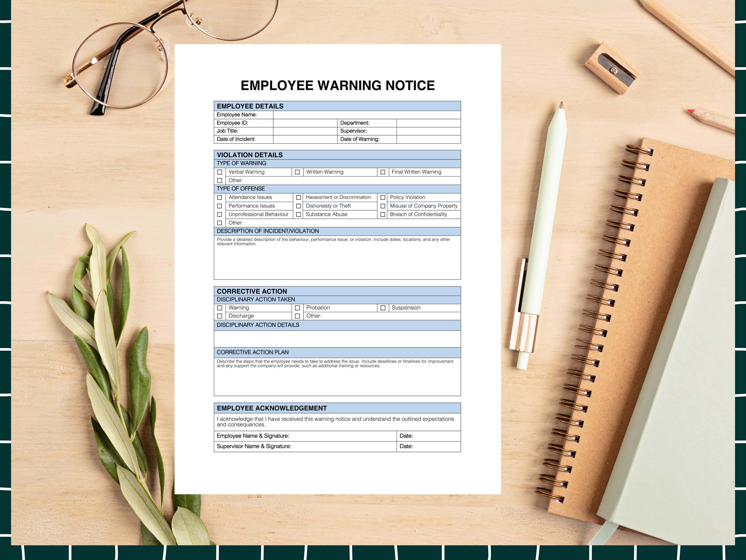 Employee Conduct Warning Notice, Disciplinary Action Form, Written ...