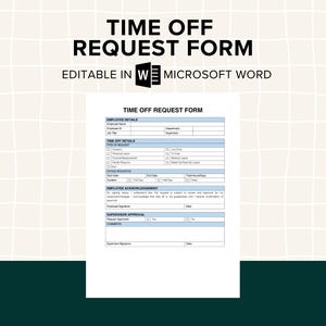 Time Off Request Form, Microsoft Word Template, HR Official Forms, Employee Time-off, Vacation, PTO Request, Leave of Absence, Sick Leave