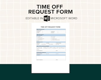 Time Off Request Form, Microsoft Word Template, HR Official Forms, Employee Time-off, Vacation, PTO Request, Leave of Absence, Sick Leave