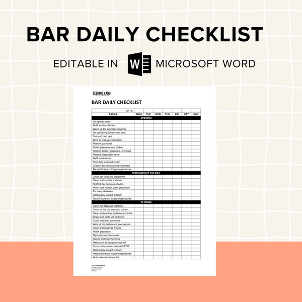 Bartender Daily Checklist: Restaurant Bar Guidelines; New Hire Training, Mis en place
