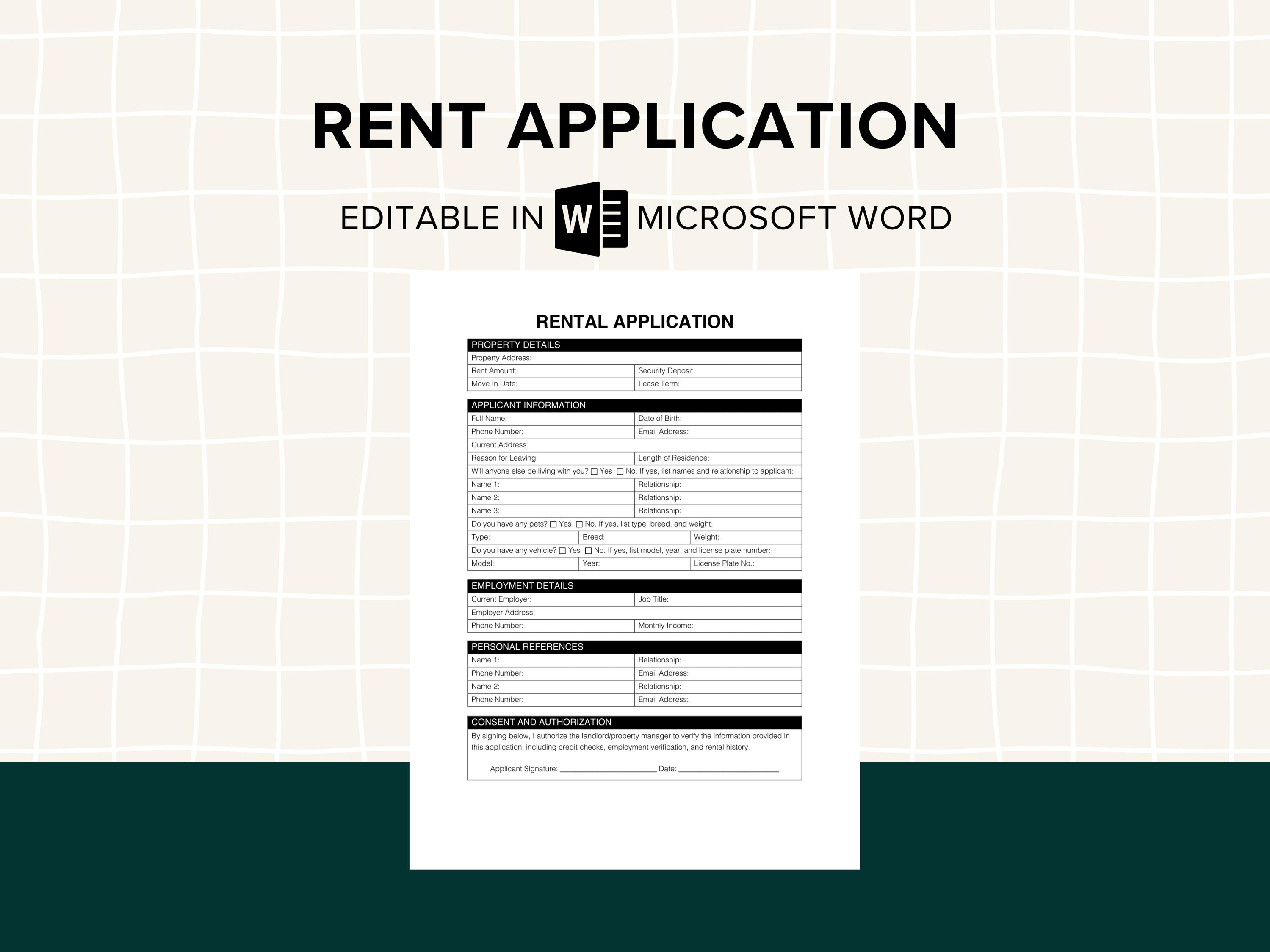 Editable Rental Application Form, Landlord Rental Application, Tenant Rental Application, Lease Application, Printable, MS Word, PDF