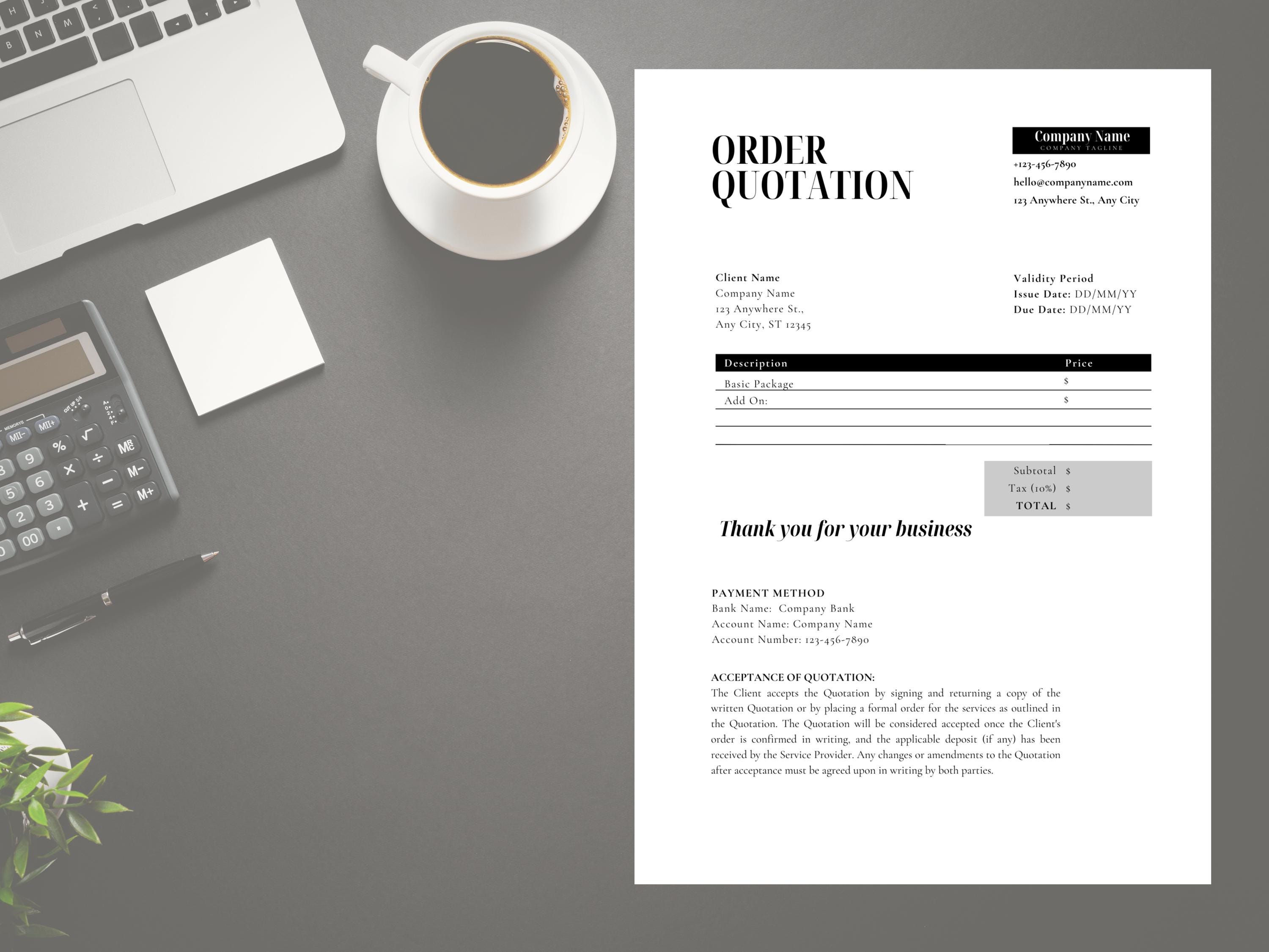 Editable Business Order Quotation Template, Client Estimate Form, Job ...