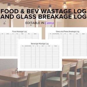Mat- och dryckesspilllogg, logg över sönderfall av glas och tallrikar för restauranger, barer, kaféer, redigerbar Canva-mall, kostnadsregister