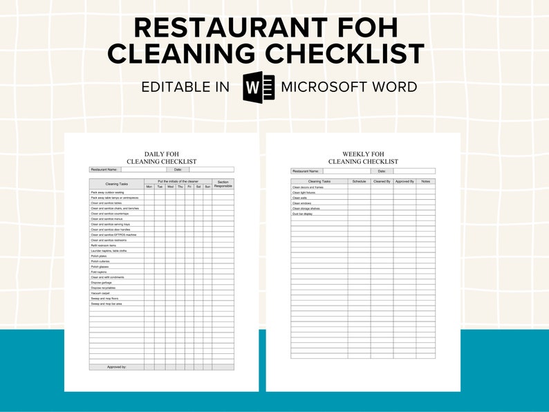 Restaurant FOH Cleaning Checklist Restaurant Cleaning Checklist