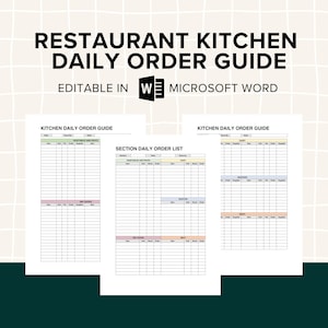 Kitchen Daily Order List, Order Guide. Restaurant and Cafe, Checklist, Templates