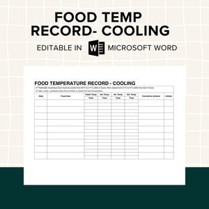 Recordblad voedseltemperatuur: bewerkbaar HACCP-logboeksjabloon voor koelproces en trackingformulier veiligheid restaurant, pdf, word, afdrukbaar