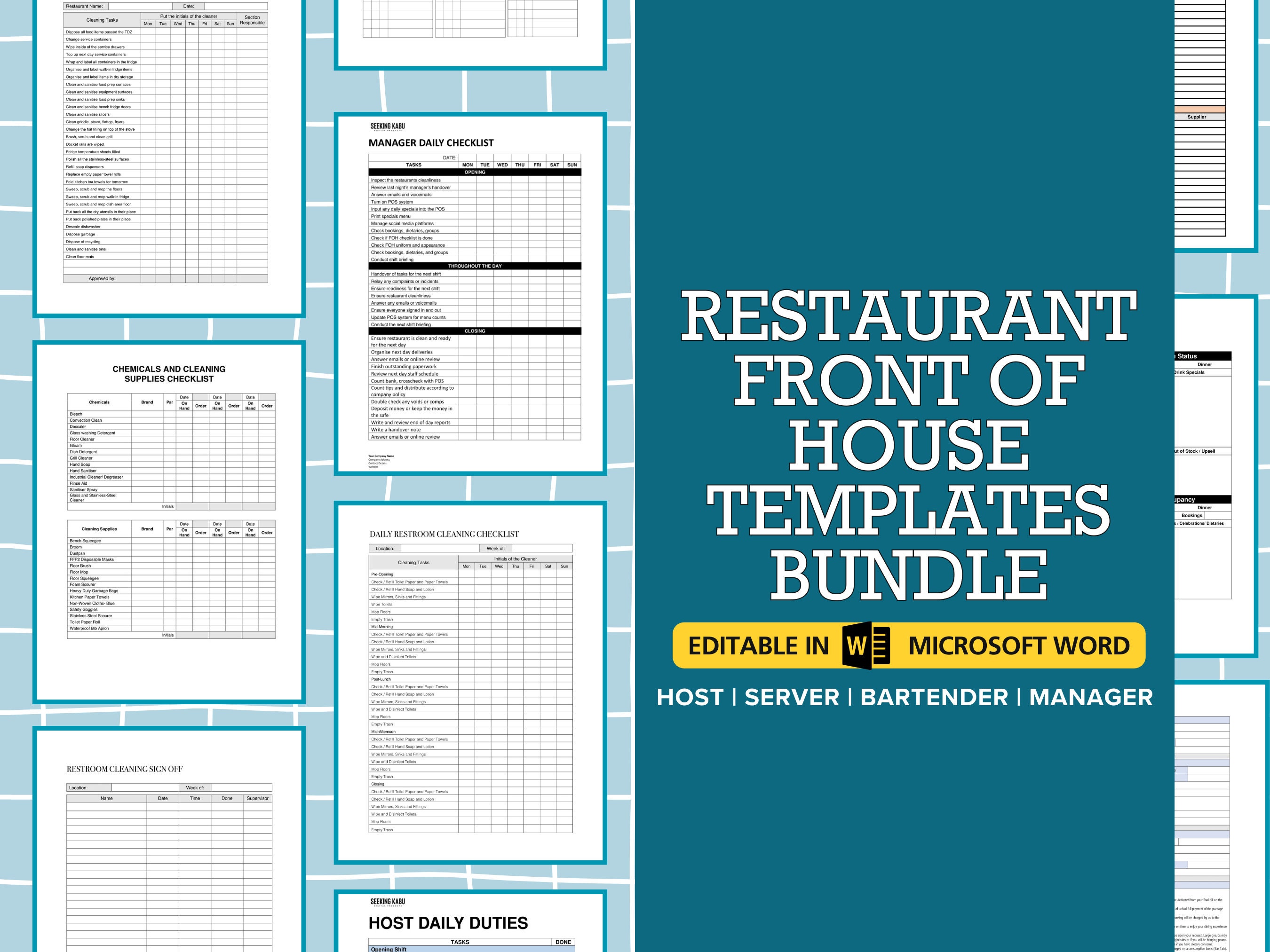 Restaurant FOH Templates Bundle, Daily, Server, Host, Bartender, Checklists, Log, Inventory, Cafe, Casual,