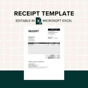 Editable Receipt Excel Template, Custom Printable Business Forms, Freelance Receipt Form, Small Business, Contractor Receipt Template