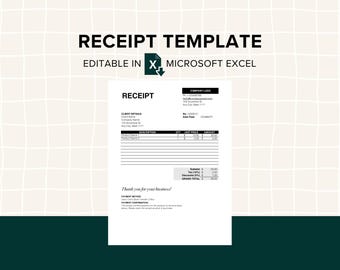 Editable Receipt Excel Template, Custom Printable Business Forms, Freelance Receipt Form, Small Business, Contractor Receipt Template