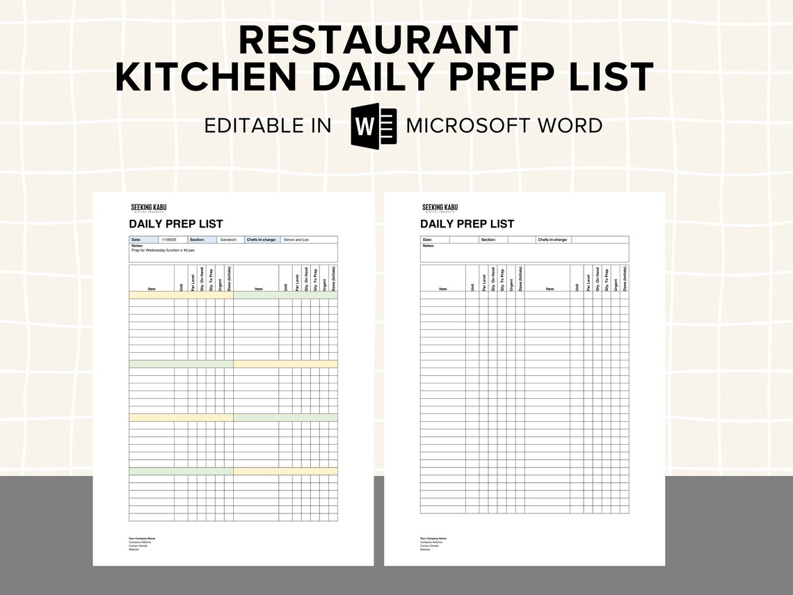 Kitchen Daily Prep List, Shift Handover Notes Fot Chefs, Restaurant and ...