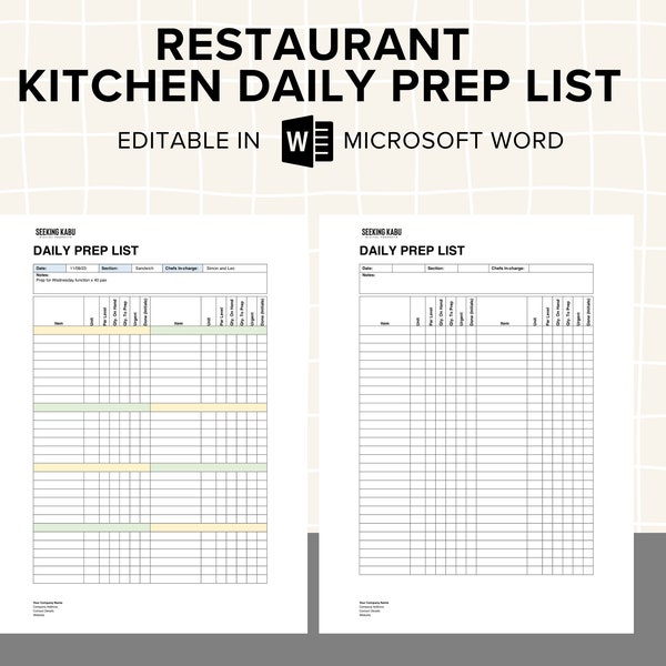 Kitchen Daily Prep List, Shift Handover Notes fot Chefs, Restaurant and Cafe, Checklist, Templates