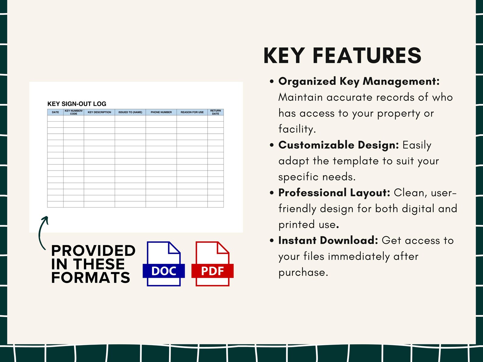 Key Sign-out Log Template, Editable Fillable PDF for Key Control ...