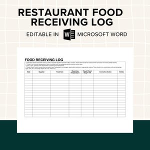 Restaurant Food Receiving Log, HACCP Food Temperature Log Template, Food Safety Record, Printable Food Delivery Log, Editable MS Word, PDF