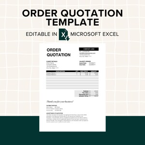 May include: A black and white order quotation template for Microsoft Excel. The template includes sections for client details, validity period, item description, quantity, unit price, and amount. It also includes a section for subtotal, discounts, tax, and grand total.