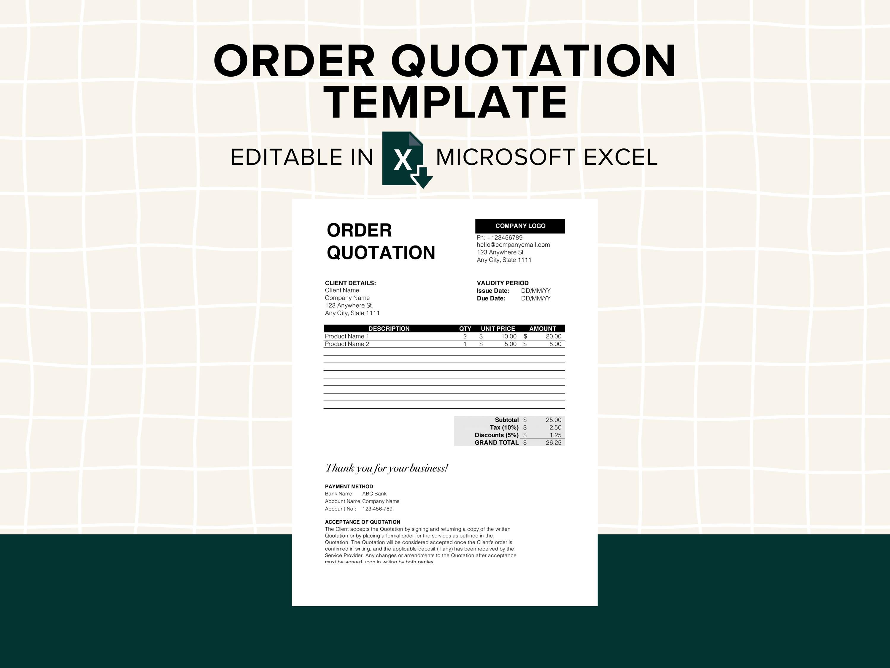 Order Quotation Excel Template, Custom Printable Business Forms ...