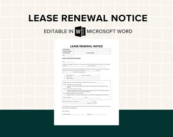 Lease Renewal Notice Template, Landlord, Tenant Letter, Property Management Forms, Commercial Residential Lease Extension Form, MS Word