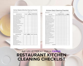 Checklist commerciële keukenreiniging, professioneel, restaurant, café, schoonmaakschema Canva-sjabloon voor chef-koks, dagelijks, wekelijks, maandelijks