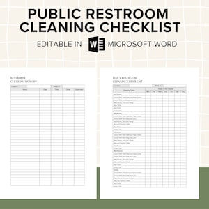 Restroom Cleaning Checklist | Restroom Sign Off Form | Editable and Printable Public Restroom Cleaning Checklist | Toilet or Bathroom |