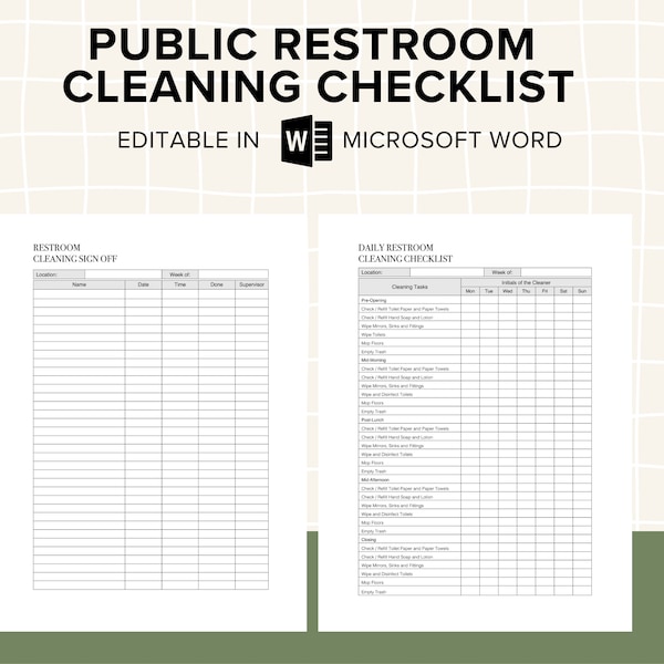 Restroom Cleaning Checklist | Restroom Sign Off Form | Editable and Printable Public Restroom Cleaning Checklist | Toilet or Bathroom |