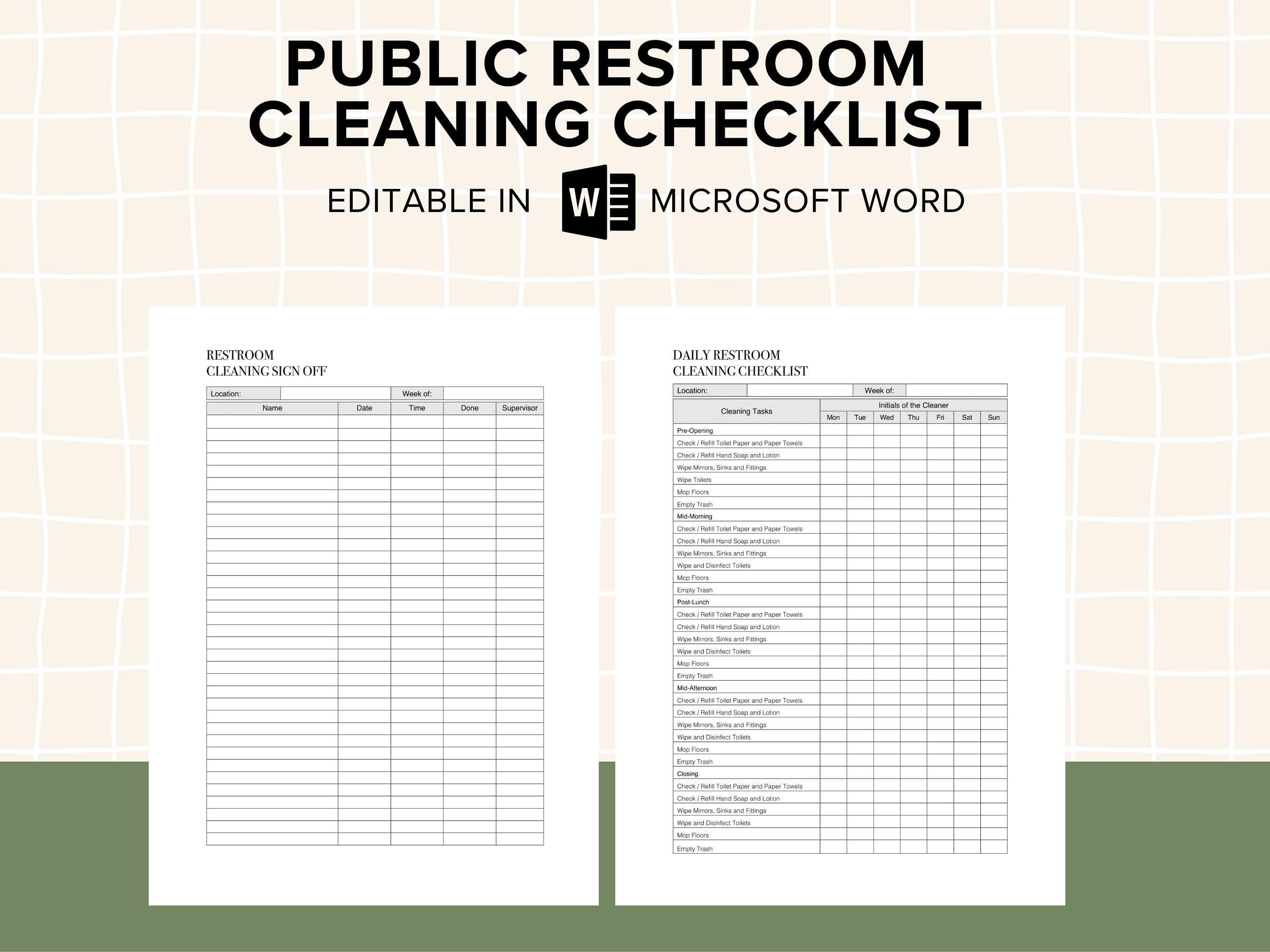 Restroom Cleaning Checklist Restroom Sign off Form Editable and