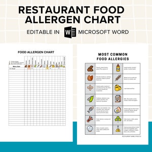 Restaurant Food Allergen Chart, Menüelemente, Liste gemeinsamer Lebensmittelallergien, printable und editierbar, PDF und MS Word