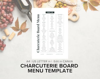 May include: A printable black and white charcuterie board menu template with the text "Charcuterie Board Menu" at the top. The template is divided into sections for cheese, fruits, crackers, nuts, vegetables, pickled, condiments, and meat.