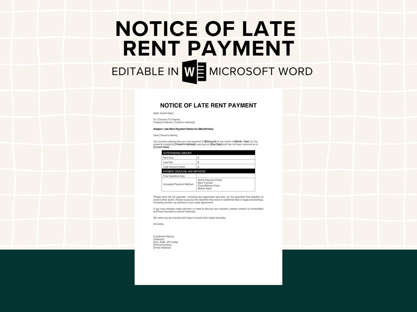 Overdue Rent Bill Notice of Late Rent Payment Template, Late Rent Notice Form, Overdue ...