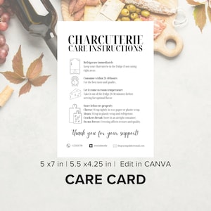 Plantilla de tarjeta de cuidado de tabla de charcutería, instrucciones de almacenamiento de bandejas de pastoreo personalizadas, plantillas de negocios de catering para productos, obsequios, cestas