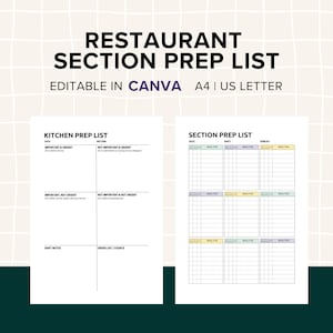 Puede incluir: Una plantilla de lista de preparación para restaurante imprimible con dos secciones: Lista de preparación de la cocina y Lista de preparación de la sección. La sección Lista de preparación de la cocina tiene cuatro casillas para priorizar las tareas por importancia y urgencia. La sección Lista de preparación de la sección tiene seis casillas para enumerar las tareas por sección.