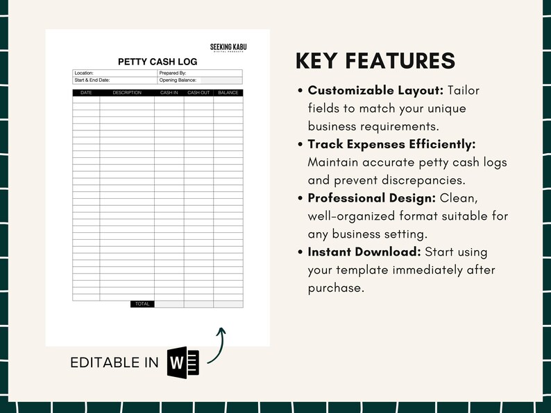 Petty Cash Journal Template | Editable Expense Tracker for Small ...