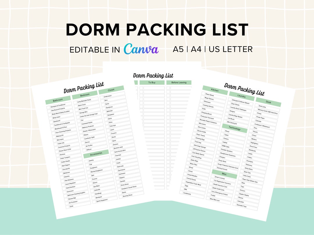 Green College Dorm Packing List Packing Checklist for Freshman ...