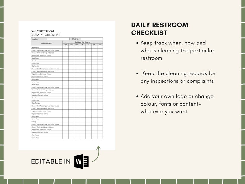Restroom Cleaning Checklist Restroom Sign off Form Editable and