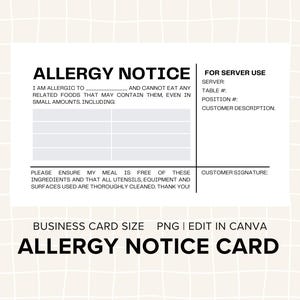 Allergieberichtkaart voor restaurants, voedselveiligheid, coeliakie, voedselintolerantie, dieetbeperkingen, Instant Download