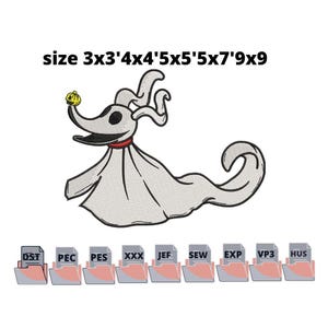 May include: An embroidered design of Zero, a ghost dog from The Nightmare Before Christmas, with a pumpkin nose and a red collar. The design is accompanied by the text "size 3x3'4x4'5x5'5x7'9x9" and various file type icons.